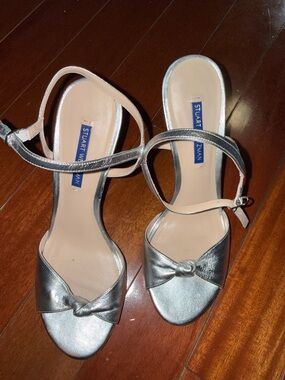 Stuart Weitzman Metallic Silver Knot Sandals with Ankle Strap